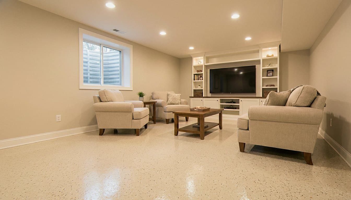 Finished basement floor in neutral flake epoxy.