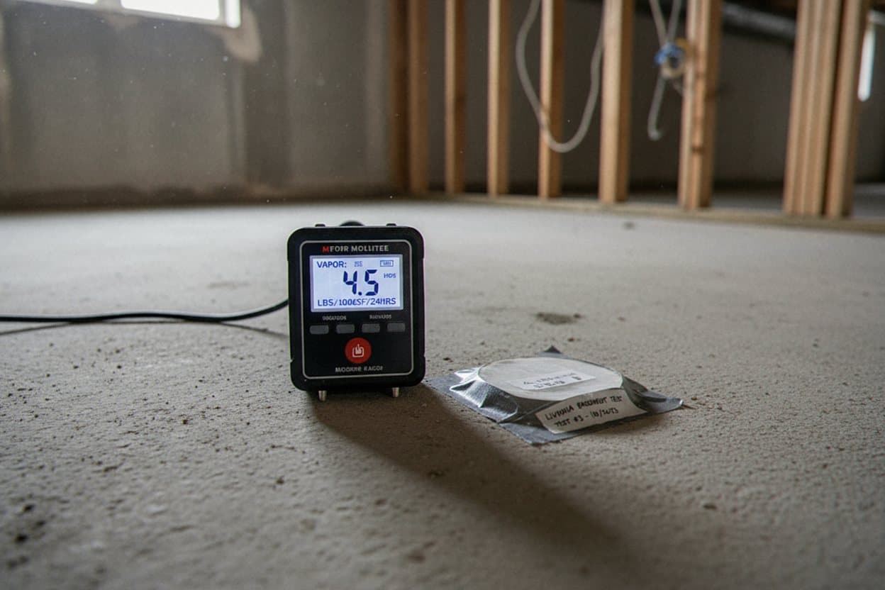 Bare basement slab before moisture test and grind.