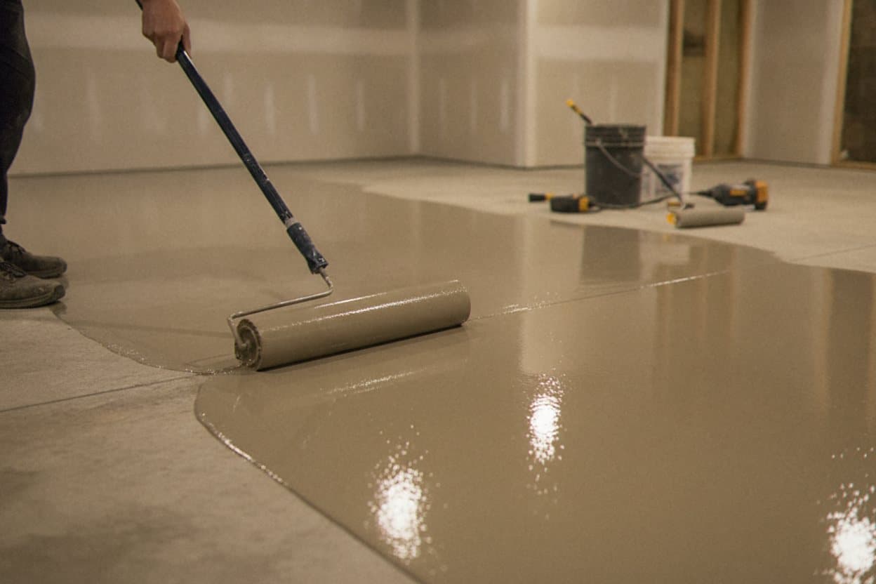 Primer coat going down on basement concrete.