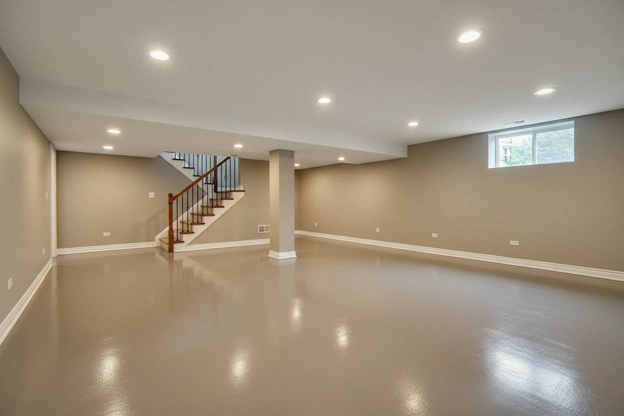 Wide sealed lower level floor with flake coating.
