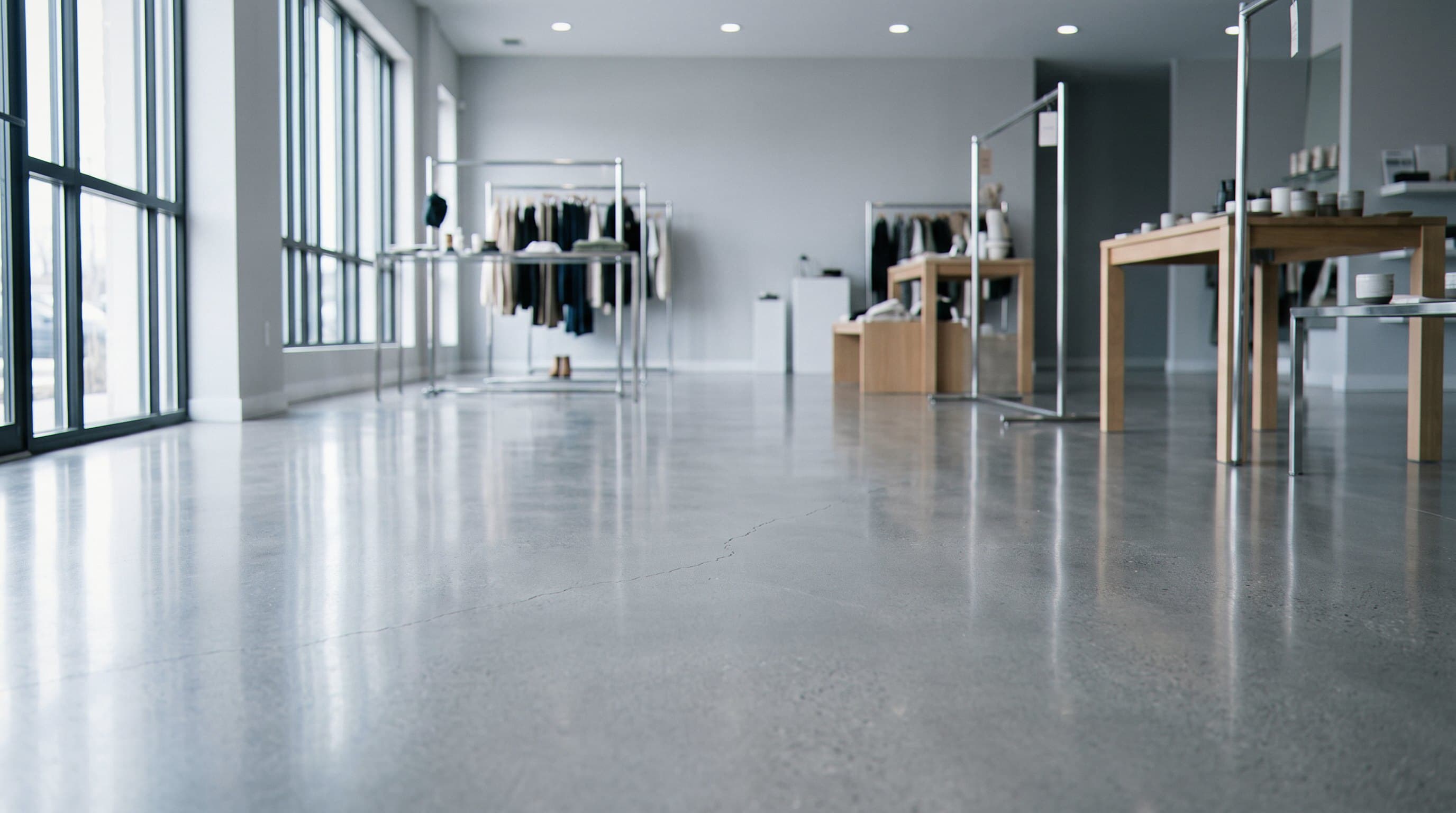Polished concrete floor with smooth reflective surface.