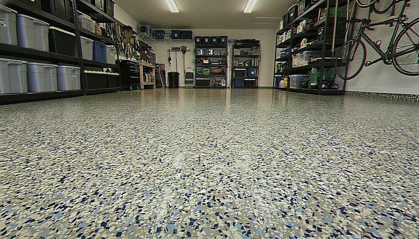 Garage floor with dense vinyl flake epoxy coating.