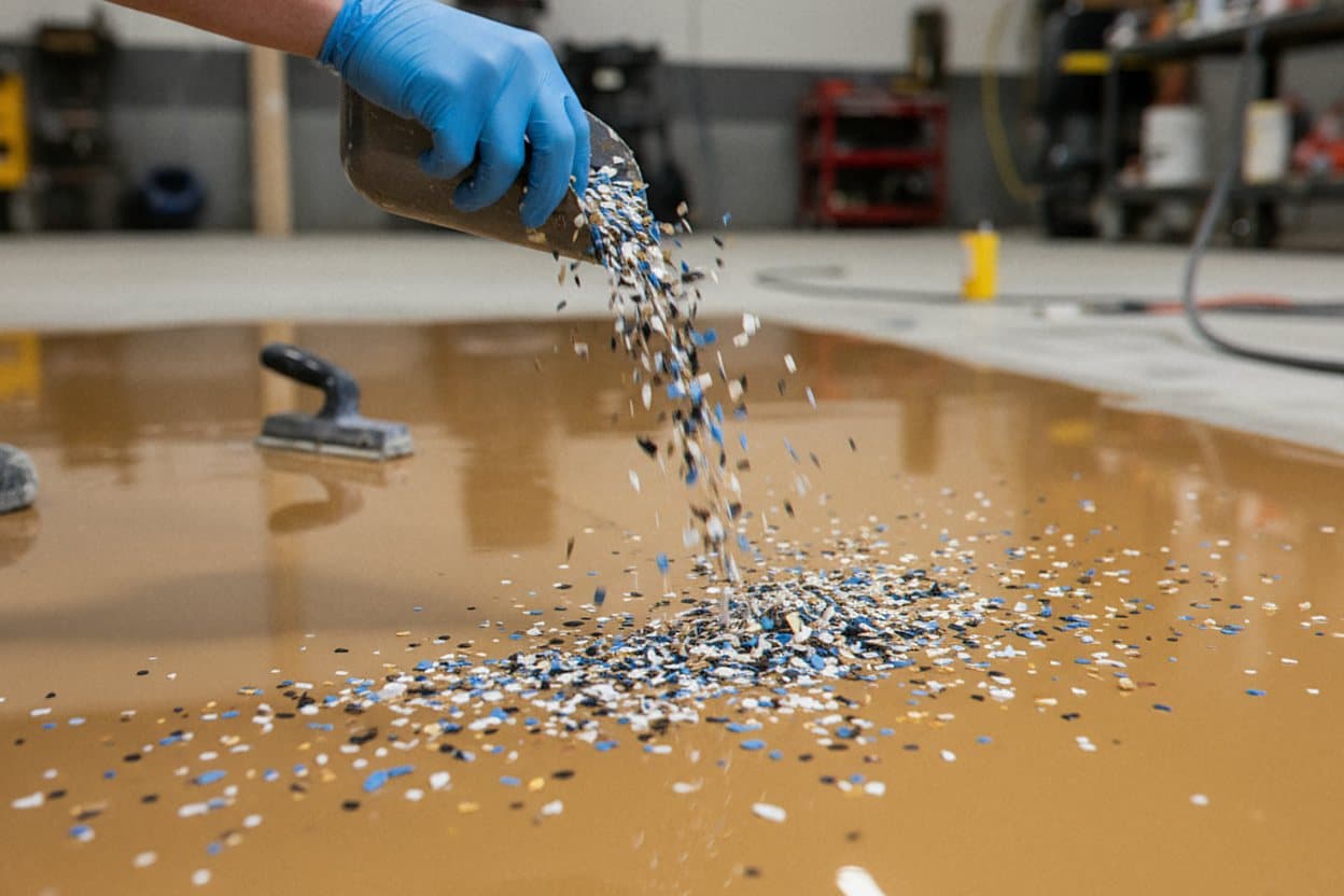 Crew throwing vinyl chips into wet epoxy base coat.