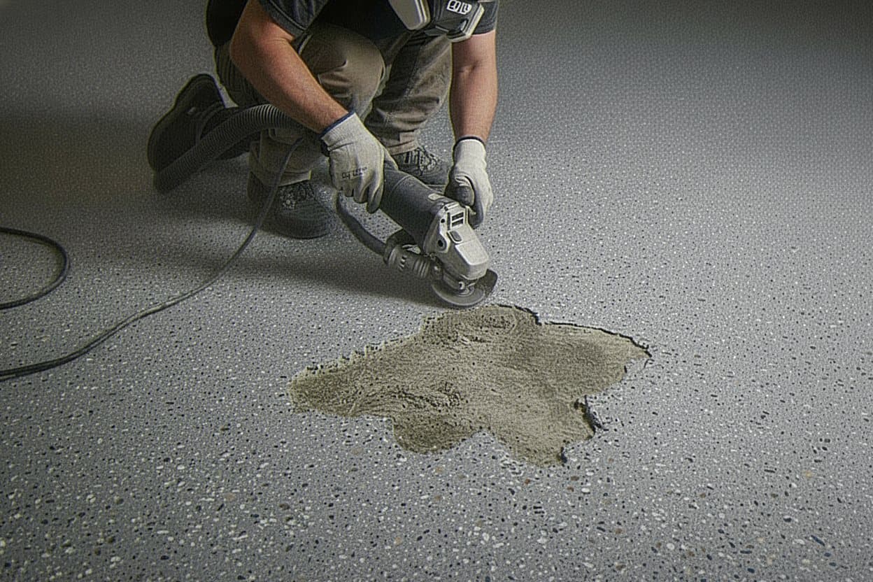 Grinder stripping failed epoxy from a garage slab.