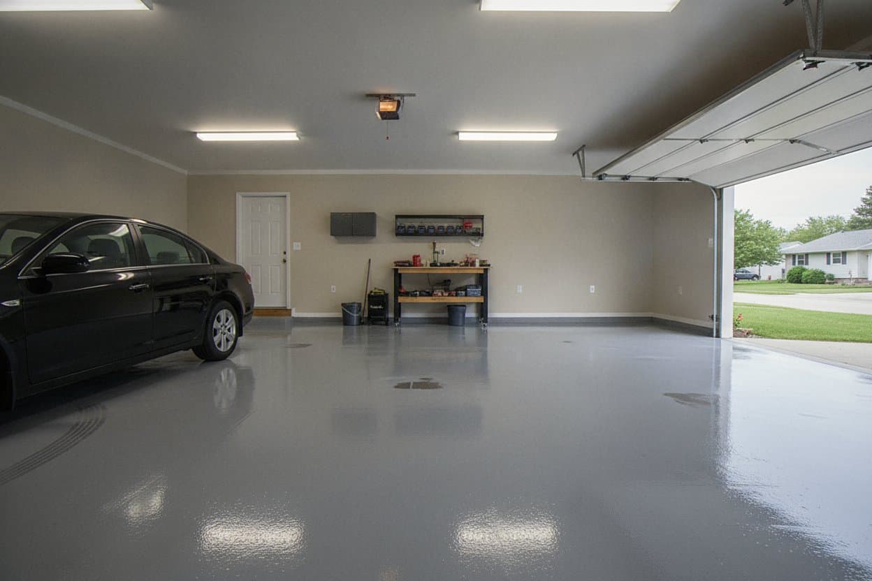 Recoated garage floor after failed epoxy removal.