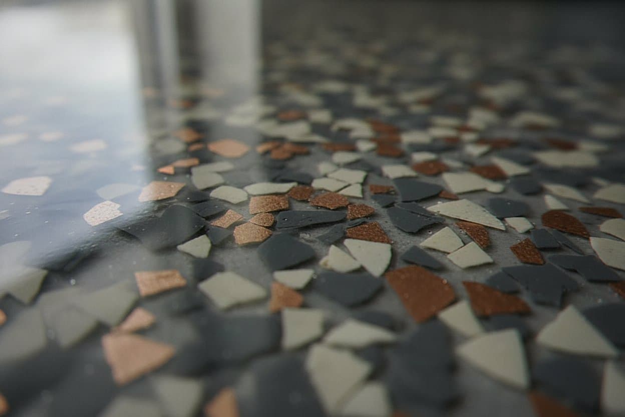 Cured flake floor detail under clear polyaspartic.