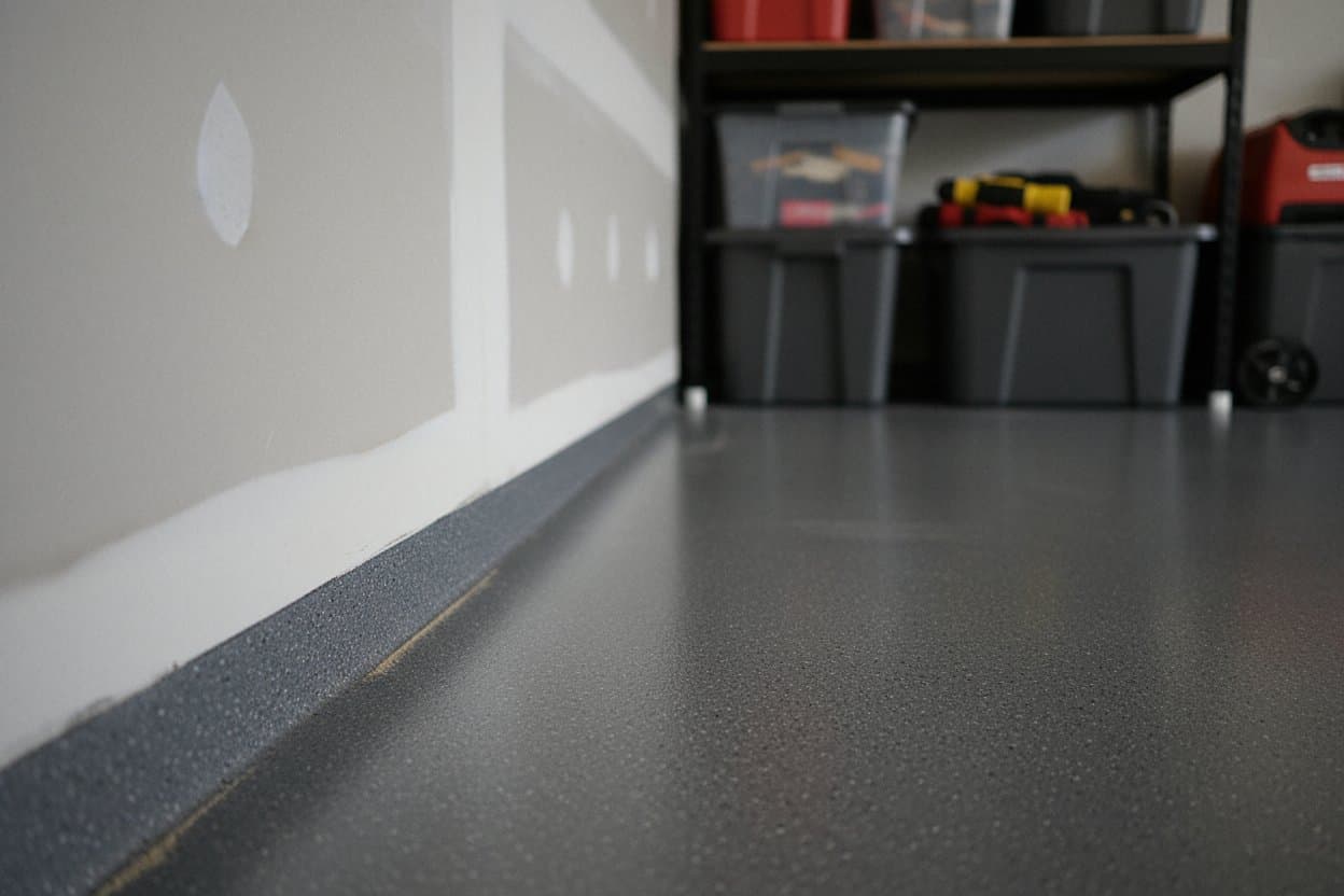 Coved edge where garage floor meets the wall.