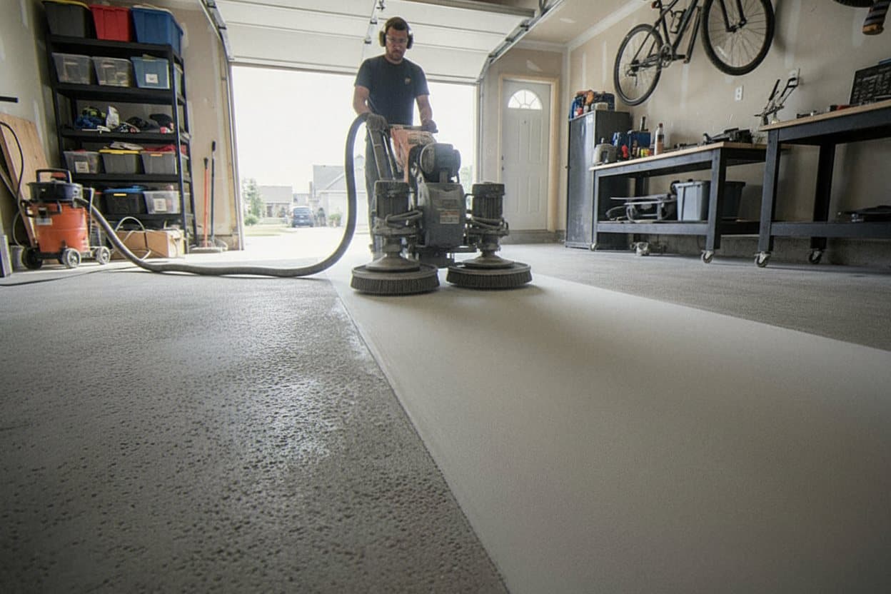 Diamond grinder opening bare garage concrete.