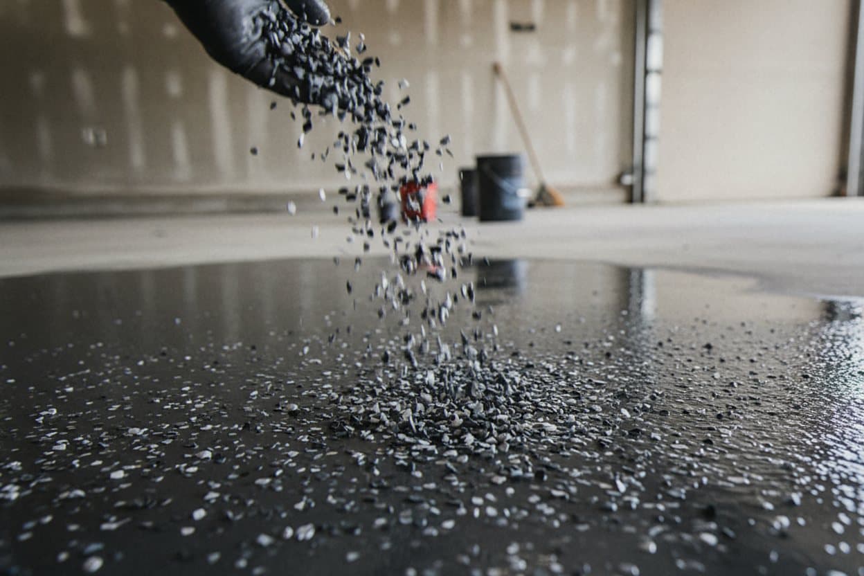 Epoxy base coat rolling across a garage slab.