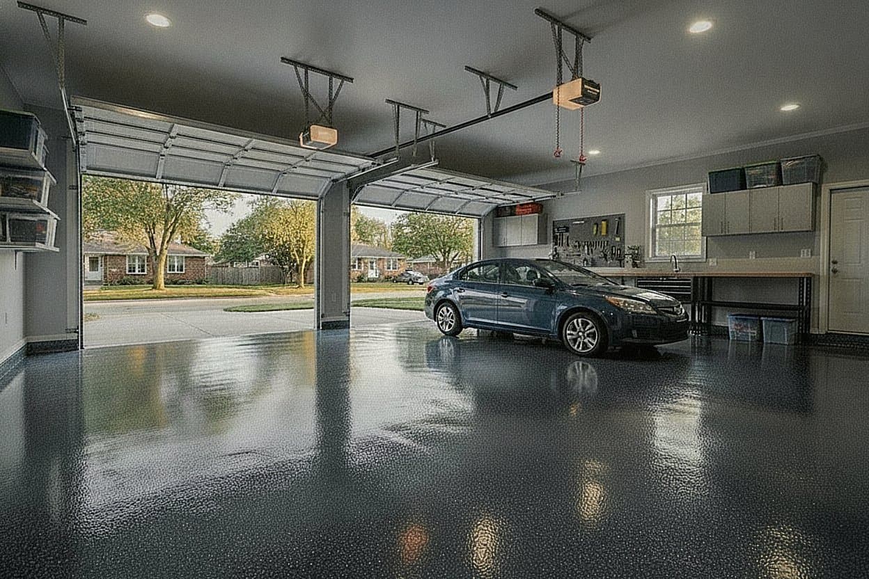 Garage floor with full flake epoxy coating.