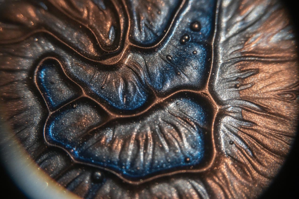 Mica swirls in cured metallic epoxy close view.