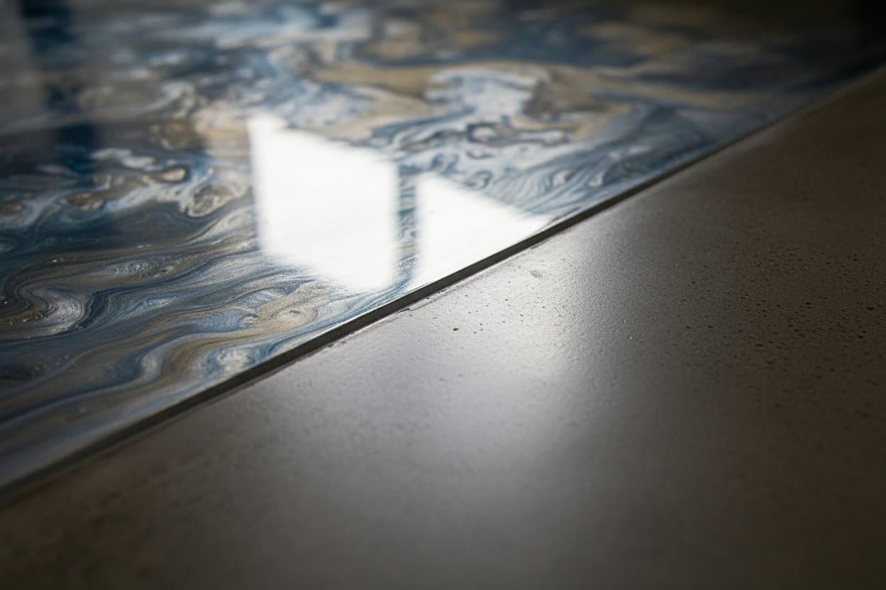 Metallic epoxy floor edge meeting a wall cleanly.