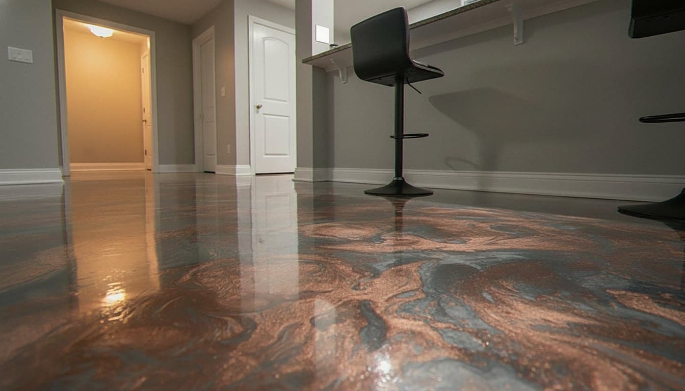Metallic epoxy floor with swirled copper and slate.