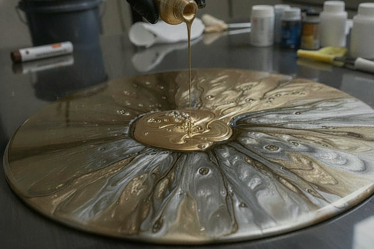 Trowel moving wet metallic resin across poured floor.