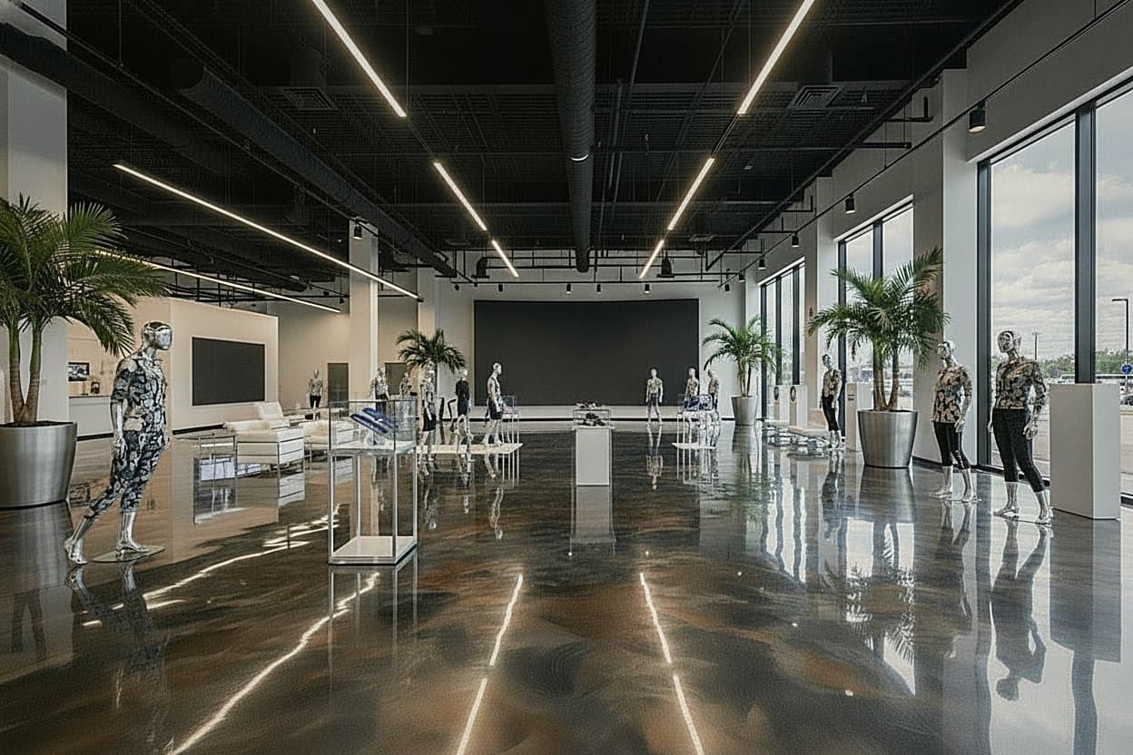 Wide view of finished metallic epoxy showroom floor.