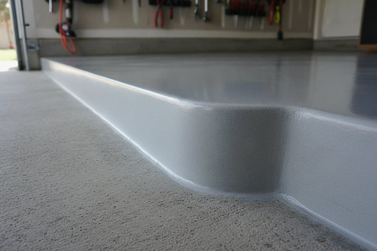 Polyaspartic coating sealed to the garage floor edge.