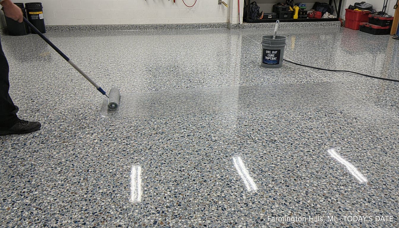 Clear polyaspartic topcoat on a finished garage slab.