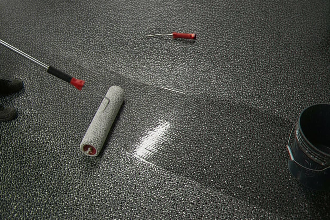 Roller applying polyaspartic over a cured flake base.