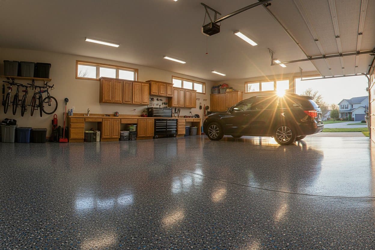 Wide garage floor sealed under glossy polyaspartic coating.
